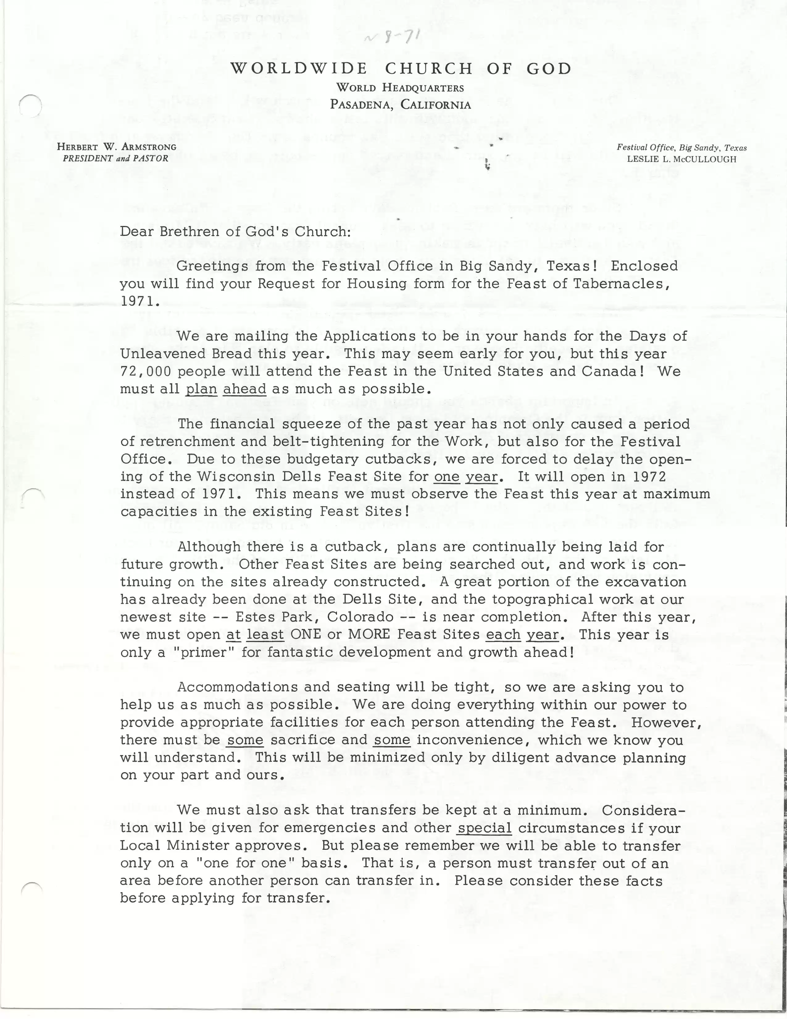 Feast of Tabernacles site attendance boundary changes, 8-1971, pg 1
